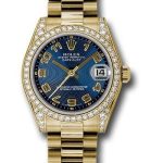 Rolex Yellow Gold Datejust 31 Watch – 48 Diamond Bezel – Blue Concentric Circle Arabic Dial – President Bracelet – 178158 blcap