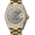 Rolex Yellow Gold Datejust 31 Watch – 48 Diamond Bezel – Gray Roman Dial – President Bracelet – 178158