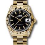 Rolex Yellow Gold Datejust 31 Watch – Fluted Bezel – Black Index Dial – President Bracelet – 178238
