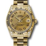 Rolex Yellow Gold Datejust 31 Watch – Fluted Bezel – Champagne Concentric Circle Arabic Dial – President Bracelet – 178238 chcap