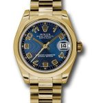 Rolex Yellow Gold Datejust 31 Watch – Domed Bezel – Blue Concentric Circle Arabic Dial – President Bracelet – 178248 blcap