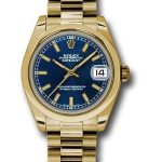 Rolex Yellow Gold Datejust 31 Watch – Domed Bezel – Blue Concentric Circle Index Dial – President Bracelet – 178248