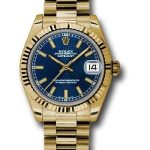 Rolex Yellow Gold Datejust 31 Watch – Fluted Bezel – Blue Index Dial – President Bracelet – 178278