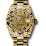 Rolex Yellow Gold Datejust 31 Watch – Fluted Bezel – Champagne Concentric Circle Arabic Dial – President Bracelet – 178278 chcap