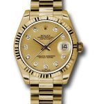 Rolex Yellow Gold Datejust 31 Watch – Fluted Bezel – Champagne Diamond Dial – President Bracelet – 178278