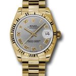 Rolex Yellow Gold Datejust 31 Watch – Fluted Bezel – Gray Roman Dial – President Bracelet – 178278