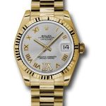 Rolex Yellow Gold Datejust 31 Watch – Fluted Bezel – Silver Diamond Roman Vi Roman Dial – President Bracelet – 178278