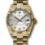 Rolex Yellow Gold Datejust 31 Watch – Fluted Bezel – Silver Jubilee Diamond Dial – President Bracelet – 178278