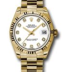 Rolex Yellow Gold Datejust 31 Watch – Fluted Bezel – White Diamond Dial – President Bracelet – 178278
