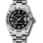 Rolex White Gold Datejust 31 Watch – Fluted Bezel – Black Concentric Circles Arabic Dial – President Bracelet – 178279 bkcap