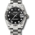Rolex White Gold Datejust 31 Watch – Fluted Bezel – Black Diamond Dial – President Bracelet – 178279