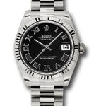 Rolex White Gold Datejust 31 Watch – Fluted Bezel – Black Roman Dial – President Bracelet – 178279