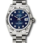 Rolex White Gold Datejust 31 Watch – Fluted Bezel – Blue Diamond Dial – President Bracelet – 178279