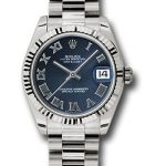 Rolex White Gold Datejust 31 Watch – Fluted Bezel – Blue Roman Dial – President Bracelet – 178279