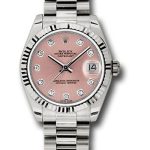 Rolex White Gold Datejust 31 Watch – Fluted Bezel – Pink Diamond Dial – President Bracelet – 178279
