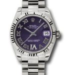 Rolex White Gold Datejust 31 Watch – Fluted Bezel – Purple Diamond Roman Vi Roman Dial – President Bracelet – 178279