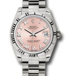 Rolex White Gold Datejust 31 Watch – Fluted Bezel – Pink Roman Dial – President Bracelet – 178279