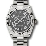 Rolex White Gold Datejust 31 Watch – Fluted Bezel – Dark Rhodium Floral Motif Dial – President Bracelet – 178279