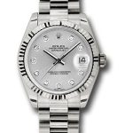Rolex White Gold Datejust 31 Watch – Fluted Bezel – Silver Diamond Dial – President Bracelet – 178279