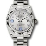 Rolex White Gold Datejust 31 Watch – Fluted Bezel – Silver Diamond Sapphire 6 And 9 Diamond Dial – President Bracelet – 178279 sdsap