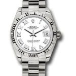Rolex White Gold Datejust 31 Watch – Fluted Bezel – White Roman Dial – President Bracelet – 178279