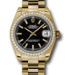 Rolex Yellow Gold Datejust 31 Watch – 48 Diamond Bezel – Black Index Dial – President Bracelet – 178288