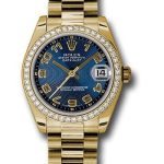 Rolex Yellow Gold Datejust 31 Watch – 48 Diamond Bezel – Blue Concentric Circle Arabic Dial – President Bracelet – 178288 blcap