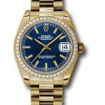 Rolex Yellow Gold Datejust 31 Watch – 48 Diamond Bezel – Blue Index Dial – President Bracelet – 178288