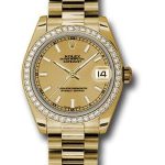 Rolex Yellow Gold Datejust 31 Watch – 48 Diamond Bezel – Champagne Index Dial – President Bracelet – 178288