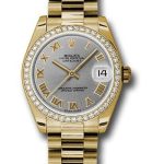 Rolex Yellow Gold Datejust 31 Watch – 48 Diamond Bezel – Gray Roman Dial – President Bracelet – 178288