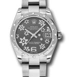 Rolex Steel and White Gold Datejust 31 Watch – 24 Diamond Bezel – Dark Rhodium Floral Motif Dial – Oyster Bracelet – 178344