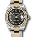 Rolex Steel and Yellow Gold Datejust 31 Watch – 46 Diamond Bezel – Black Concentric Circle Arabic Dial – Oyster Bracelet – 178383 bkcao