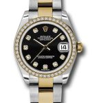 Rolex Steel and Yellow Gold Datejust 31 Watch – 46 Diamond Bezel – Black Diamond Dial – Oyster Bracelet – 178383