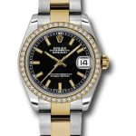 Rolex Steel and Yellow Gold Datejust 31 Watch – 46 Diamond Bezel – Black Index Dial – Oyster Bracelet – 178383
