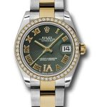 Rolex Steel and Yellow Gold Datejust 31 Watch – 46 Diamond Bezel – Olive Green Diamond Roman Vi Roman Dial – Oyster Bracelet – 178383 ogdro
