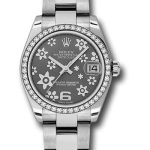 Rolex Steel and White Gold Datejust 31 Watch – 46 Diamond Bezel – Dark Rhodium Floral Motif Arabic 6 Dial – Oyster Bracelet – 178384