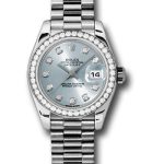 Rolex Platinum Lady-Datejust 26 Watch – 42 Diamond Bezel – Ice Blue Diamond Dial – President Bracelet – 179136