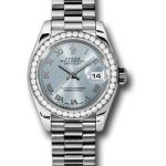 Rolex Platinum Lady-Datejust 26 Watch – 42 Diamond Bezel – Ice Blue Roman Dial – President Bracelet – 179136