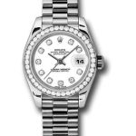 Rolex Platinum Lady-Datejust 26 Watch – 42 Diamond Bezel – White Diamond Dial – President Bracelet – 179136
