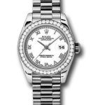 Rolex Platinum Lady-Datejust 26 Watch – 42 Diamond Bezel – White Roman Dial – President Bracelet – 179136