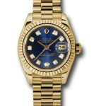 Rolex Yellow Gold Lady-Datejust 26 Watch – Fluted Bezel – Blue Diamond Dial – President Bracelet – 179178