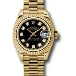 Rolex Yellow Gold Lady-Datejust 26 Watch – Fluted Bezel – Black Diamond Dial – President Bracelet – 179178