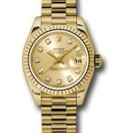 Rolex Yellow Gold Lady-Datejust 26 Watch – Fluted Bezel – Champagne Diamond Dial – President Bracelet – 179178
