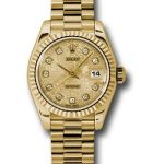 Rolex Yellow Gold Lady-Datejust 26 Watch – Fluted Bezel – Champagne Jubilee Diamond Dial – President Bracelet – 179178 chjdp