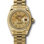 Rolex Yellow Gold Lady-Datejust 26 Watch – Fluted Bezel – Champagne Decorated Mother-Of-Pearl Roman Dial – President Bracelet – 179178 chmdrp