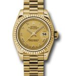 Rolex Yellow Gold Lady-Datejust 26 Watch – Fluted Bezel – Champagne Roman Dial – President Bracelet – 179178