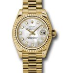 Rolex Yellow Gold Lady-Datejust 26 Watch – Fluted Bezel – Mother-Of-Pearl Diamond Dial – President Bracelet – 179178
