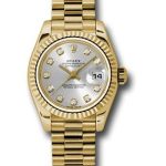 Rolex Yellow Gold Lady-Datejust 26 Watch – Fluted Bezel – Silver Diamond Dial – President Bracelet – 179178