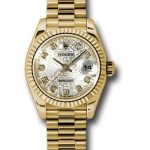 Rolex Yellow Gold Lady-Datejust 26 Watch – Fluted Bezel – Silver Jubilee Diamond Dial – President Bracelet – 179178