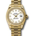 Rolex Yellow Gold Lady-Datejust 26 Watch – Fluted Bezel – White Diamond Dial – President Bracelet – 179178